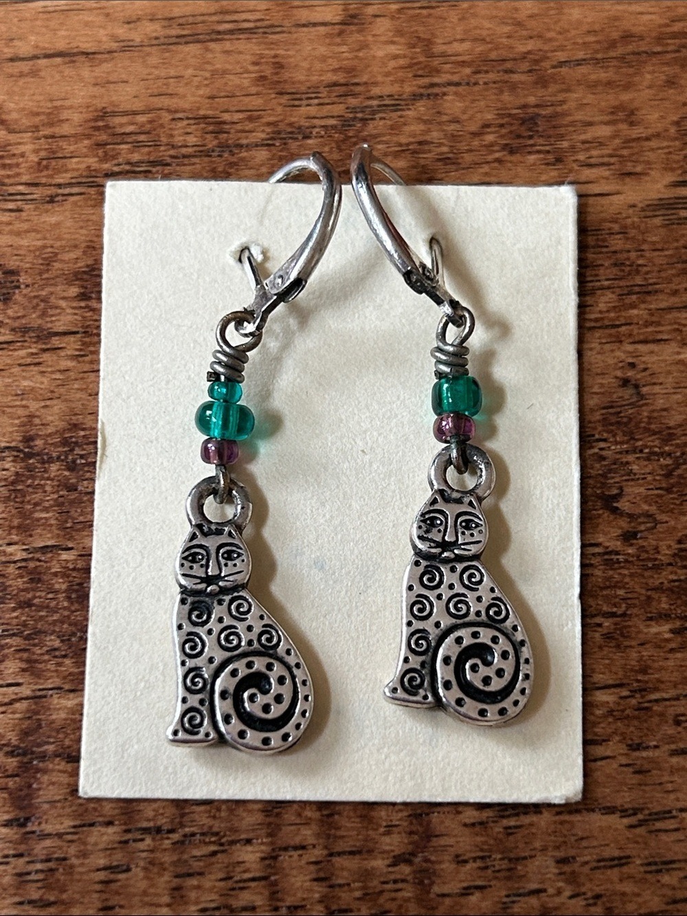 Cat Earrings Silver Beaded